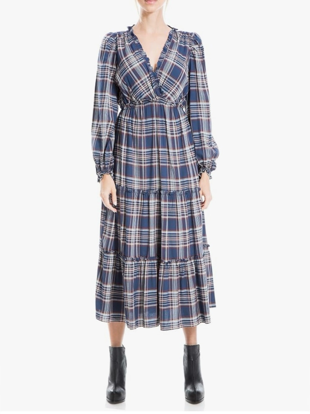 Max Studio Navy Plaid Tiered Long-Sleeve Midi Dress